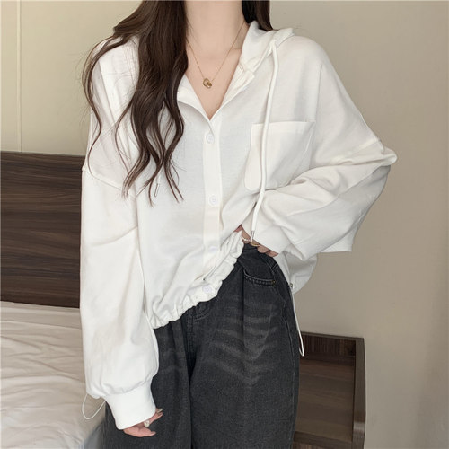 短款抽绳收腰连帽卫衣女薄款春装