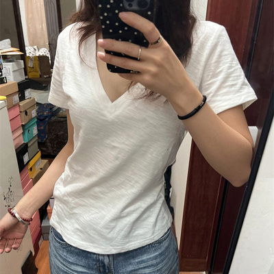 气质高级感白色V领正肩短袖T恤女
