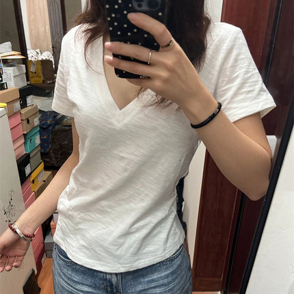 气质高级感白色V领正肩短袖T恤女夏装修身打底衫韩版竹节棉上衣服