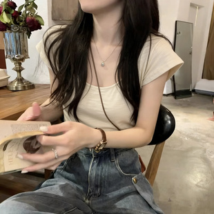 小个子短款 竹节棉U领正肩短袖 上衣潮 内搭打底衫 韩版 T恤女夏季 修身