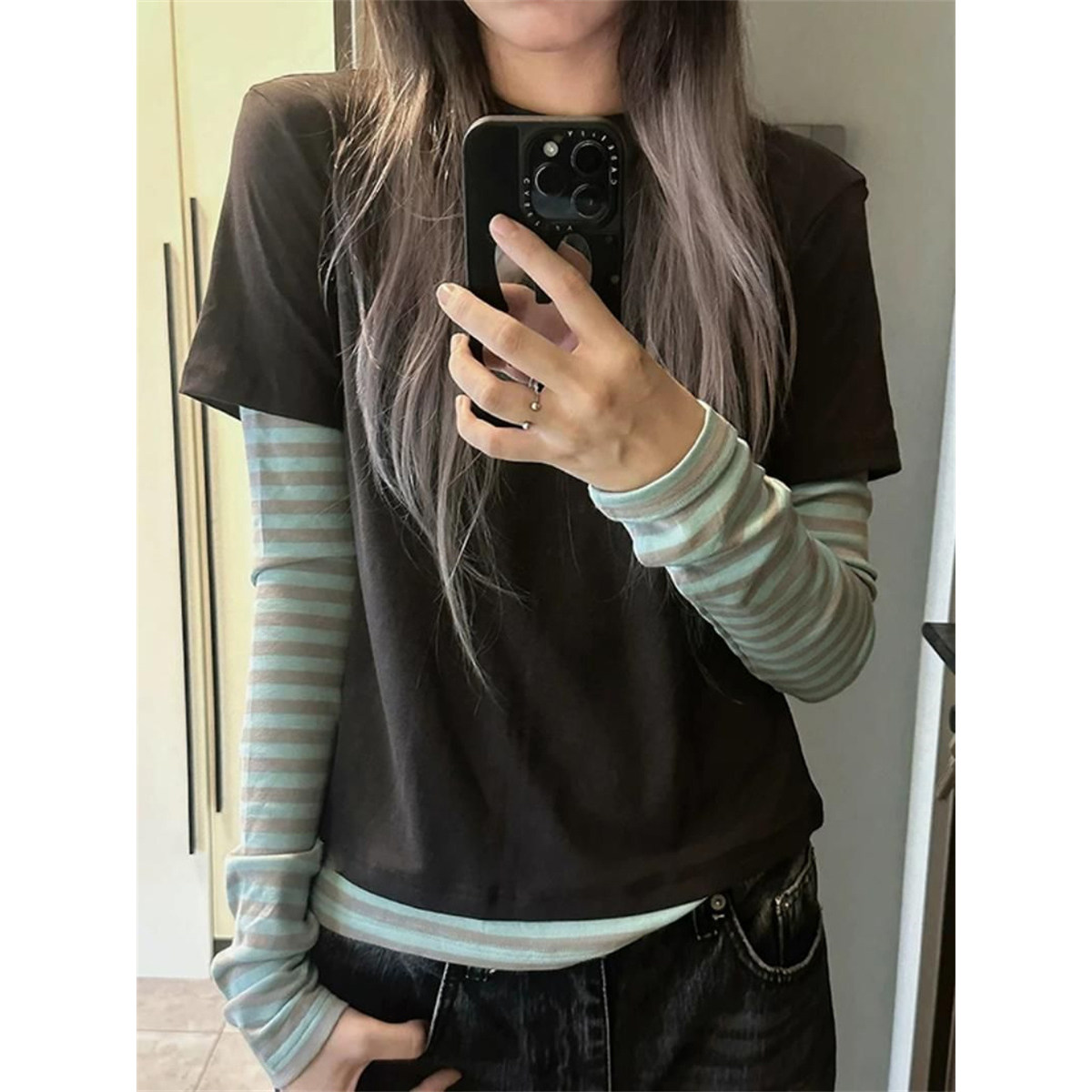 ins超火条纹拼接假两件长袖T恤女秋季韩版修身显瘦内搭打底衫上衣