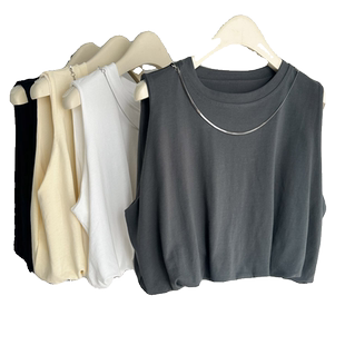 下摆抽褶收腰无袖T恤女夏季韩版宽松短款小个子纯棉背心上衣体恤