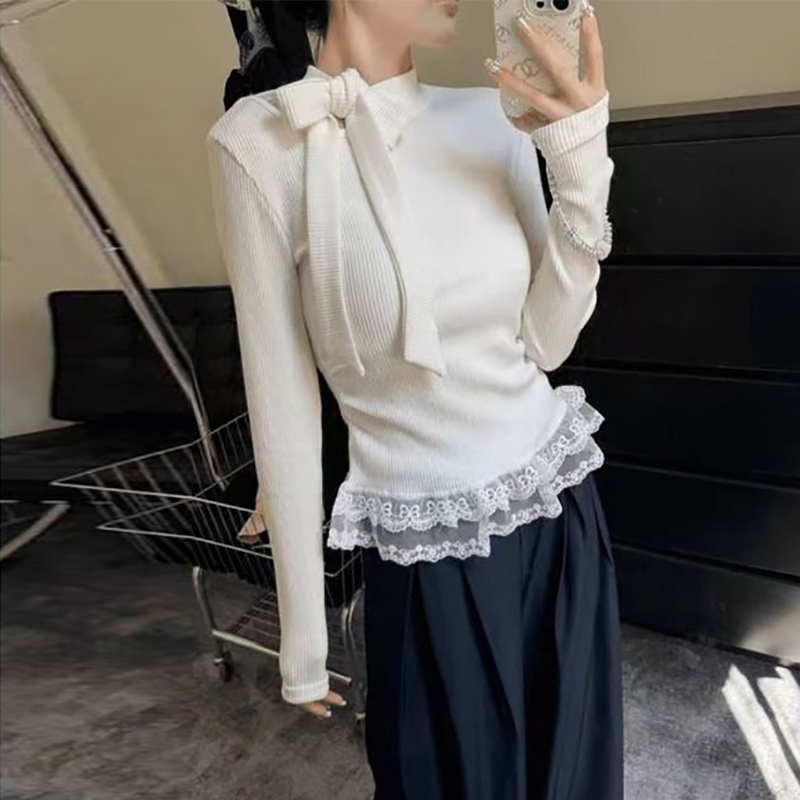 蝴蝶结飘带设计感长袖T恤女秋冬