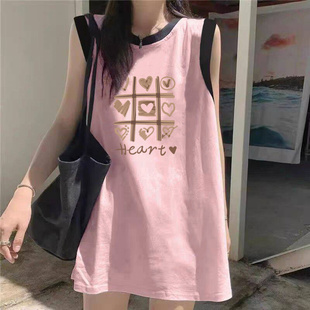 上衣体恤潮 美式 复古撞色背心T恤女夏装 宽松韩版 百搭外穿纯棉无袖