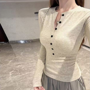 内搭纽扣半开领长袖 修身 T恤上衣潮 女秋冬韩版 双面磨毛加厚打底衫