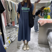 宽松显瘦圆领字母印花中长款 T恤裙女韩版 过膝连衣裙 短袖 港风夏季