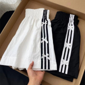 高腰宽松条纹运动热裤 韩版 潮 女夏季 蝴蝶结拼接设计感阔腿休闲短裤