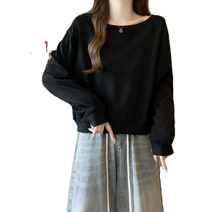 洋气时髦无帽长袖卫衣女秋季韩版宽松显瘦薄款一字领短款上衣外套