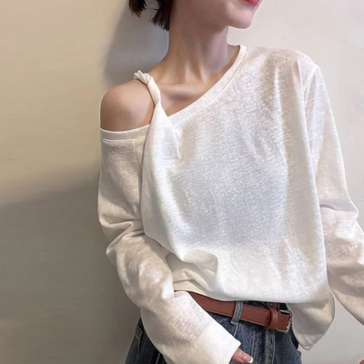 雪花棉斜肩露肩长袖T恤女早秋