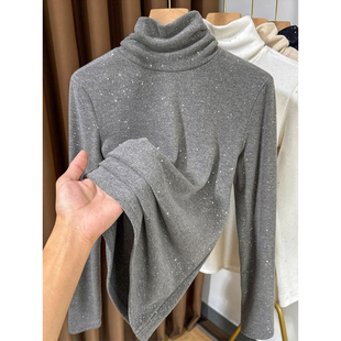 德绒磨毛堆堆高领长袖T恤女秋冬季韩版修身内搭打底衫亮片上衣潮