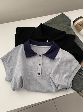 撞色Polo领插肩短袖T恤女夏季修身显瘦韩版bf学院风纯棉半袖上衣