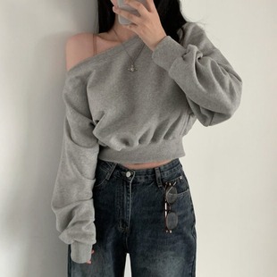 宽松短款 韩版 甜辣上衣 卫衣女春秋薄款 复古chic港味一字领露肩长袖