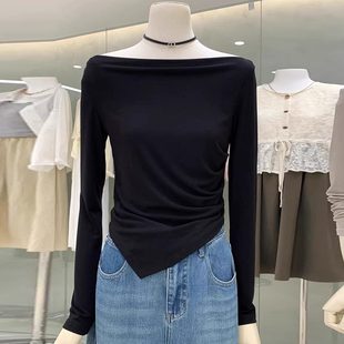 一字领露肩长袖T恤女春韩版修身内搭打底衫不规则下摆上衣0206zd