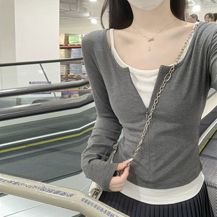 长袖T恤女春秋季韩版修身内搭外穿打底衫叠穿吊带背心两件套上衣