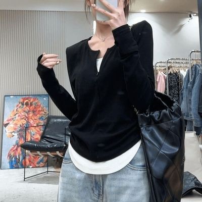 设计感小众假两件长袖T恤女春秋