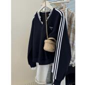 设计感蕾丝拼接V领套头卫衣女秋冬加绒加厚宽松条纹长袖 上衣外套