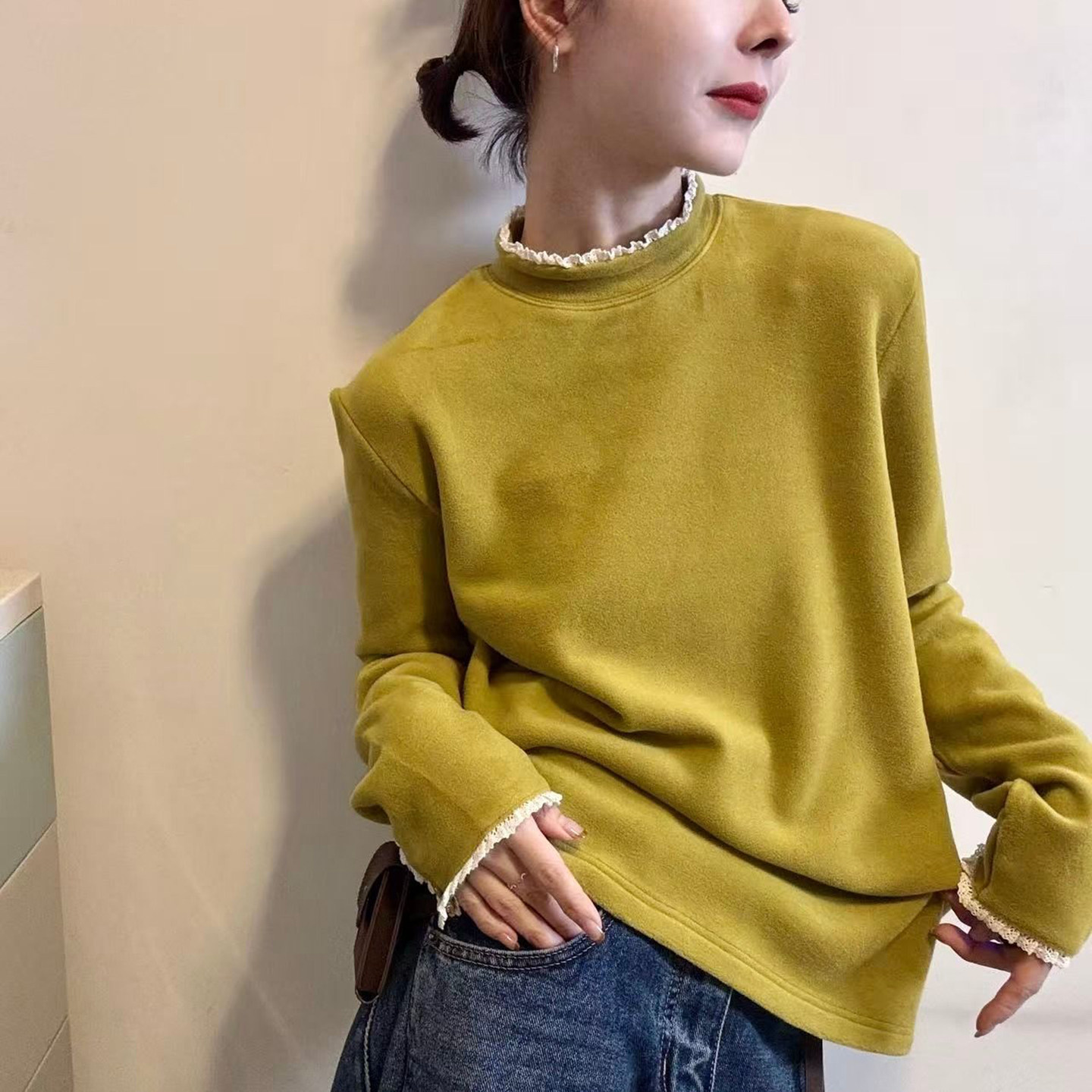 蕾丝拼接设计感半高领长袖T恤女秋冬德绒磨毛打底衫内搭宽松上衣,女装/女士精品,T恤,淘宝优惠券,粉丝福利购,淘宝优惠卷