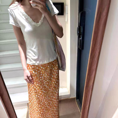 木耳边V领正肩短袖T恤女夏季韩版