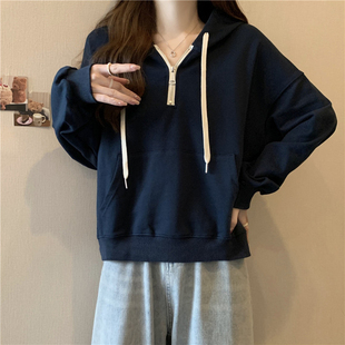 宽松短款 设计感小众长袖 薄款 2025新款 半拉链连帽上衣 卫衣女春秋装
