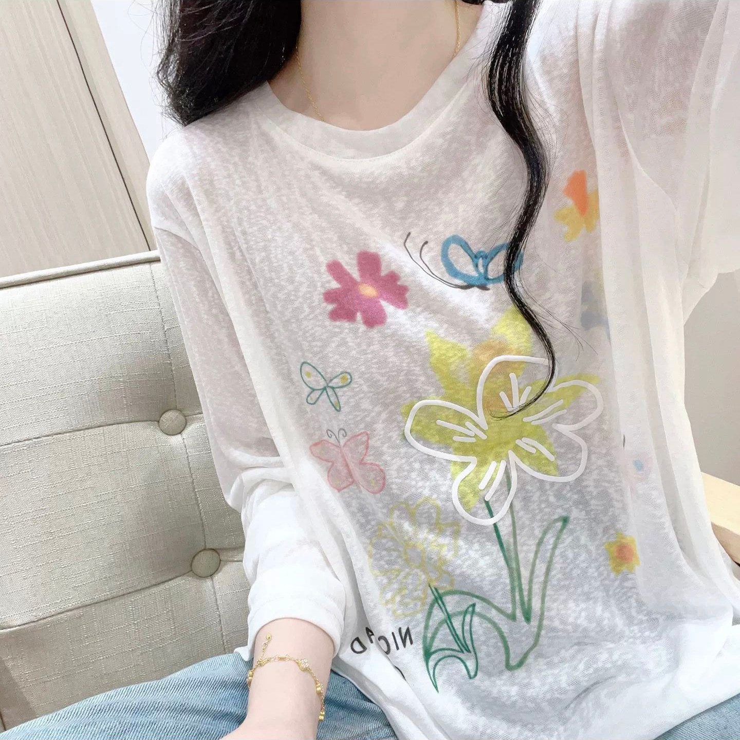 chic甜辣薄款微透长袖防晒衫女夏季韩版宽松显瘦空调罩衫上衣T恤