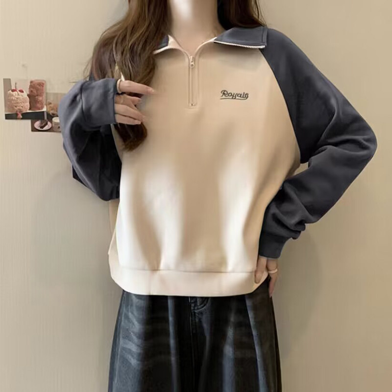 vintage半拉链POLO领卫衣女春秋宽松薄款撞色插肩长袖上衣服潮ins,女装/女士精品,卫衣/绒衫,淘宝优惠券,粉丝福利购,淘宝优惠卷