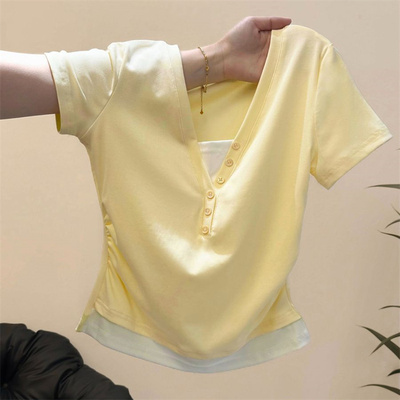chic甜辣黄色假两件短袖T恤女夏
