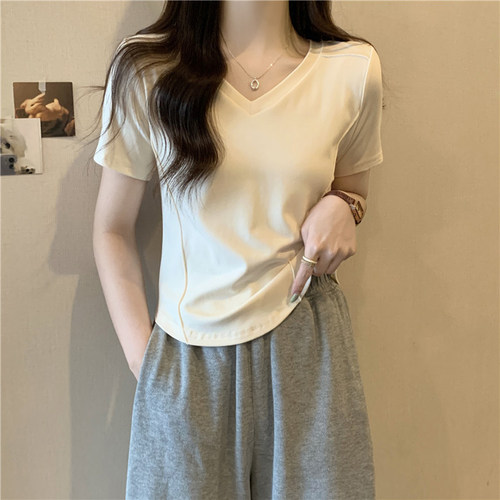 纯棉短款V领上衣短袖女ins潮流