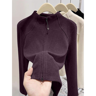 半拉链立领长袖T恤女秋冬季德绒