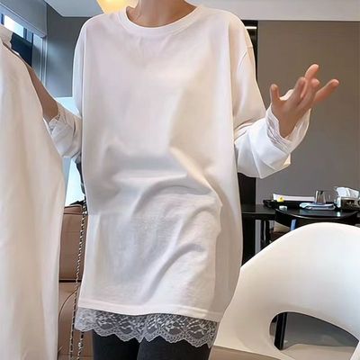 白色蕾丝花边下摆长袖T恤女秋冬