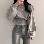 加绒加厚短款 无帽上衣 chic甜辣长袖 收腰下摆卫衣女秋冬季 宽松韩版