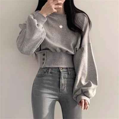 加绒加厚短款收腰下摆卫衣女秋冬