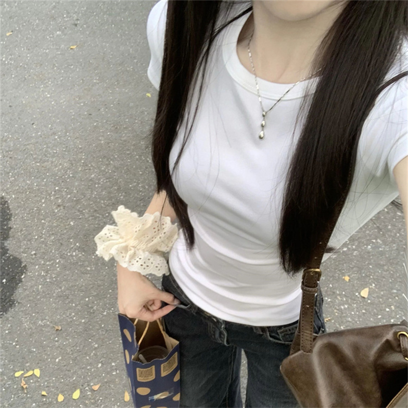 chic甜辣短袖T恤女夏季韩版修身内搭打底衫白色正肩纯欲性感上衣