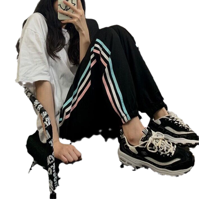 撞色条纹直筒哈伦裤女春季新款