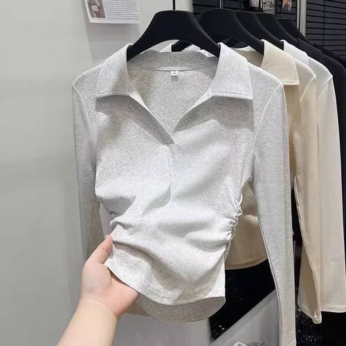 褶皱收腰V领POLO衫长袖T恤女早春