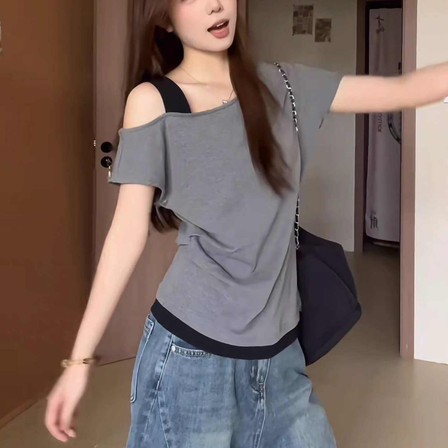 chic甜辣斜肩吊带短袖T恤女夏季