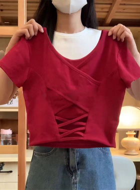 超火cec辣妹性感短袖T恤女夏天韩版修身高腰短款美背带胸垫上衣潮