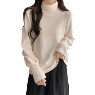 秋冬加绒加厚德绒半高领打底小衫女内搭灯笼袖长袖T恤保暖上衣服