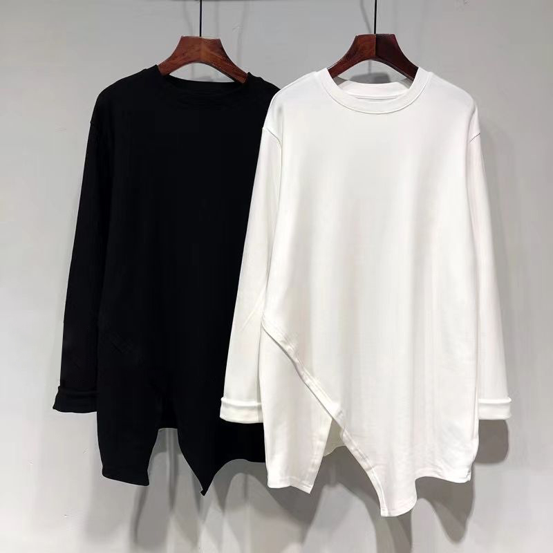 不规则开叉下摆长袖T恤女春秋季