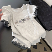 T恤女夏季 修身 韩版 木耳花边设计感小众短袖 卡通印花纯棉半袖 上衣