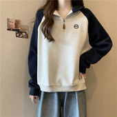 宽松半拉链POLO领薄款 ins超火拼接撞色长袖 卫衣女早秋韩版 上衣潮