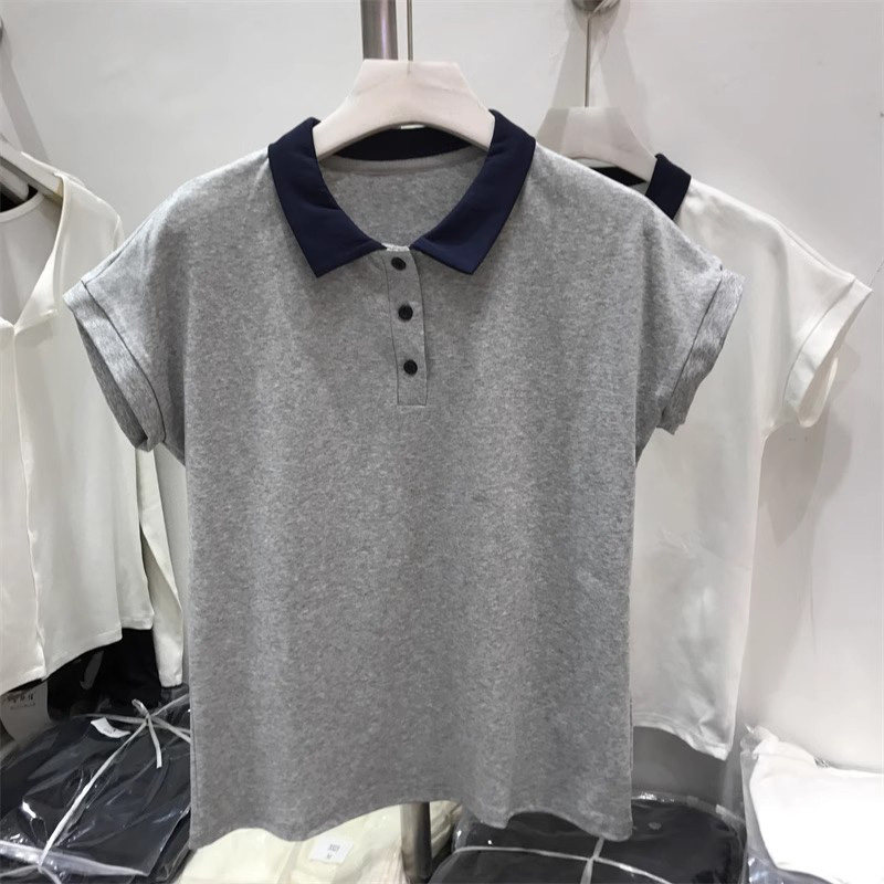 超火cec插肩袖T恤女夏季百搭韩版修身显瘦Polo领纯棉半袖上衣潮 - 实物图