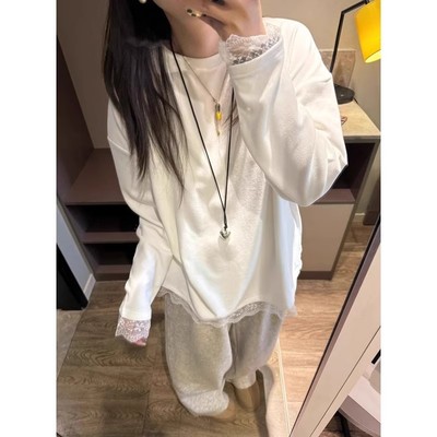 韩系高级感蕾丝花边长袖T恤女春