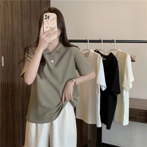 chic港味短袖T恤女夏季百搭宽松显瘦韩版华夫格POLO领上衣0706z