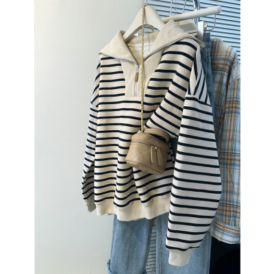 bf慵懒风条纹Polo翻领长袖卫衣女