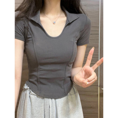 鱼骨正肩V领半袖T恤女2026新款