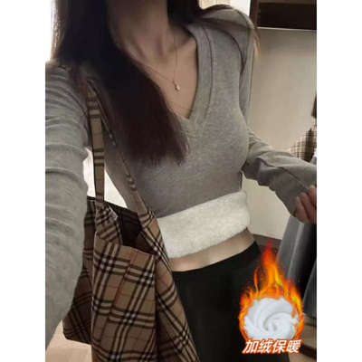 加绒加厚V领打底衫女内搭长袖T恤