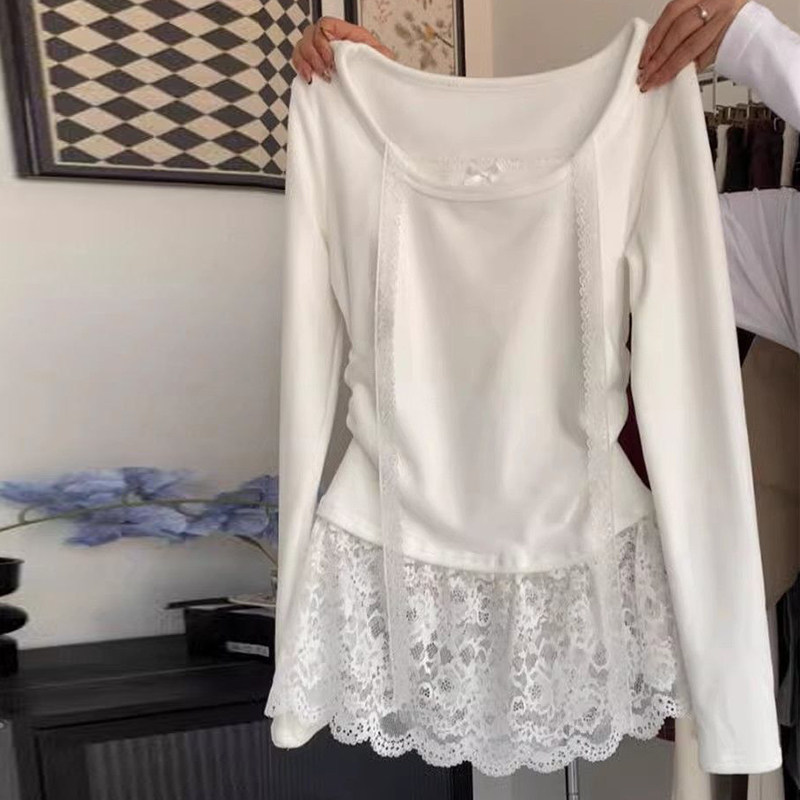 假两件蕾丝边挂脖长袖T恤女冬季韩版修身内搭打底衫德绒磨毛上衣,女装/女士精品,T恤,淘宝优惠券,粉丝福利购,淘宝优惠卷