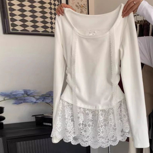 假两件蕾丝边挂脖长袖T恤女冬季韩版修身内搭打底衫德绒磨毛上衣
