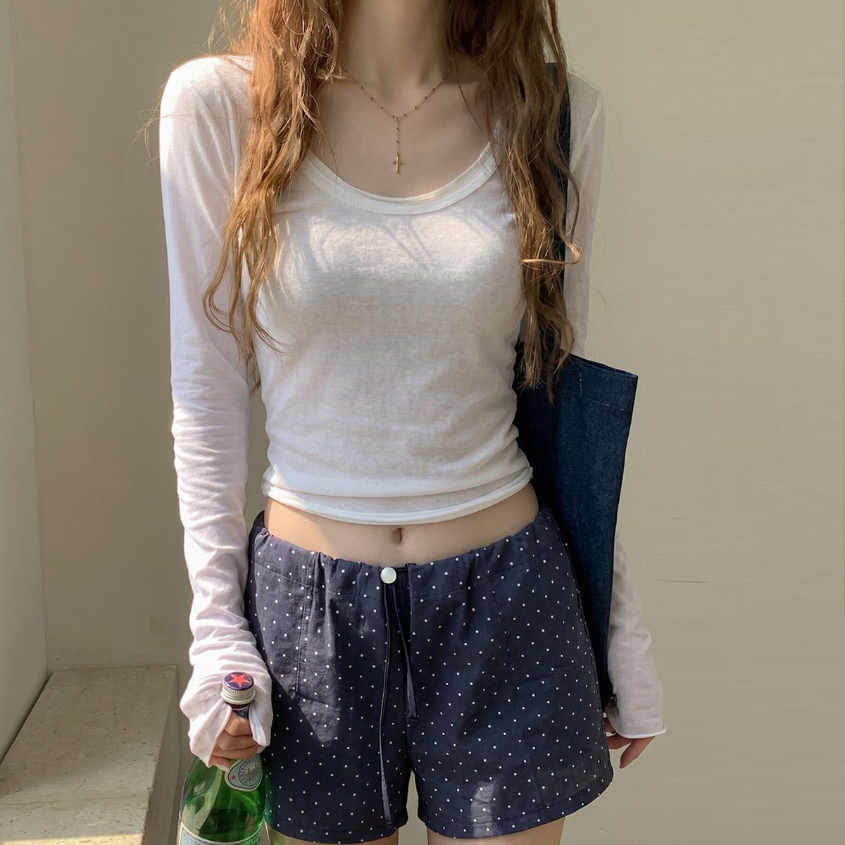 小个子短款U领长袖防晒罩衫女夏图片