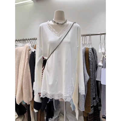 白色蕾丝花边V领正肩打底衫女
